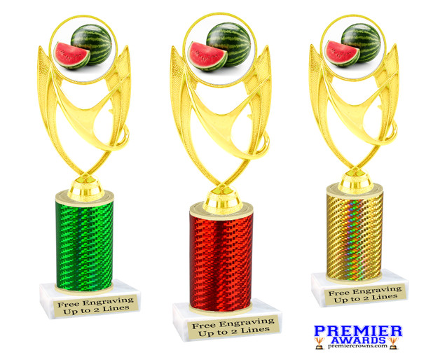Watermelon theme trophy.   Great for your Watermelon Festivals, contests, activities and more  Choice of color and trophy height. 