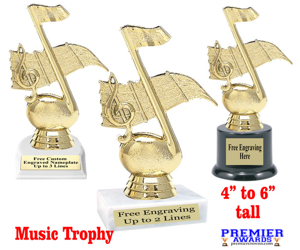 Music theme trophy.  4 - 6" tall with choice of base.  Great for your karaoke, singing contests, talent competitions and more!