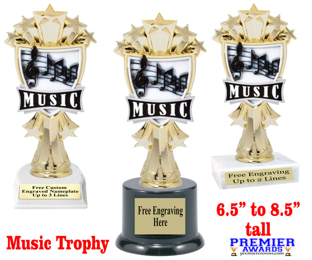Music theme trophy.  6.5 - 8.5" tall with choice of base.  Great for your karaoke, singing contests, talent competitions and more!