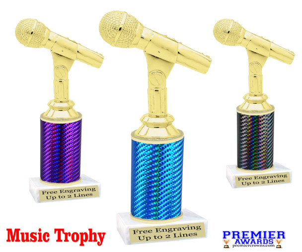 Great for your karaoke, singing contests, talent competitions and more!  Choice of color and trophy height. 