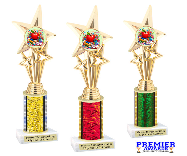 School theme trophy with choice of color and trophy height.  Great for your BTS pageants, events and contests