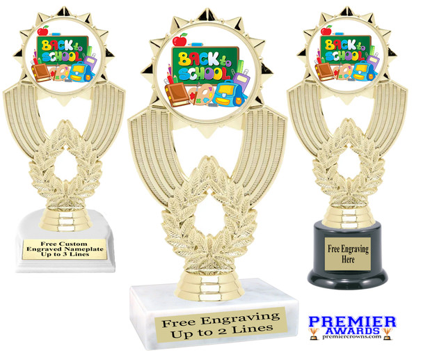 School theme trophy.  Great for BTS events, pageants, contests or your students.  6"- 8" tall depending on base