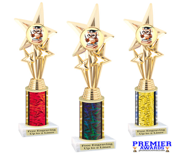School theme trophy with choice of color and trophy height.  Great for your BTS pageants, events and contests