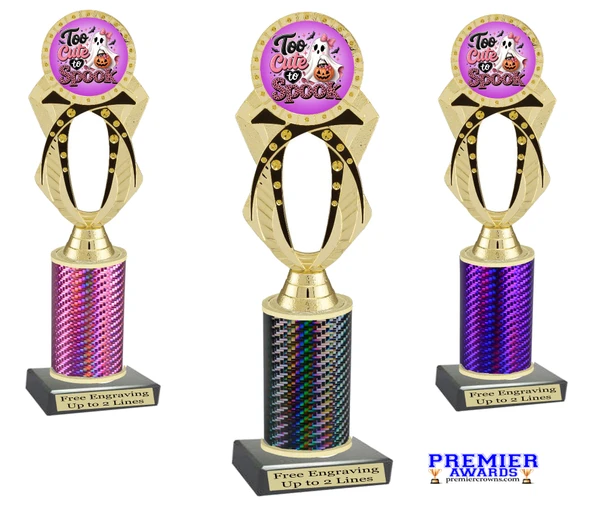 Too Cute to Spook trophy. Great for your Halloween pageants, events, contests and more Numerous trophy heights available.  Choice of column color