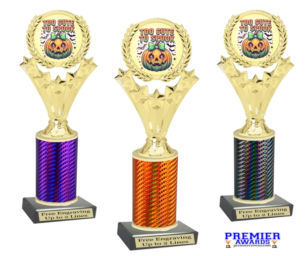 Too Cute to Spook trophy. Great for your Halloween pageants, events, contests and more Numerous trophy heights available.  Choice of column color