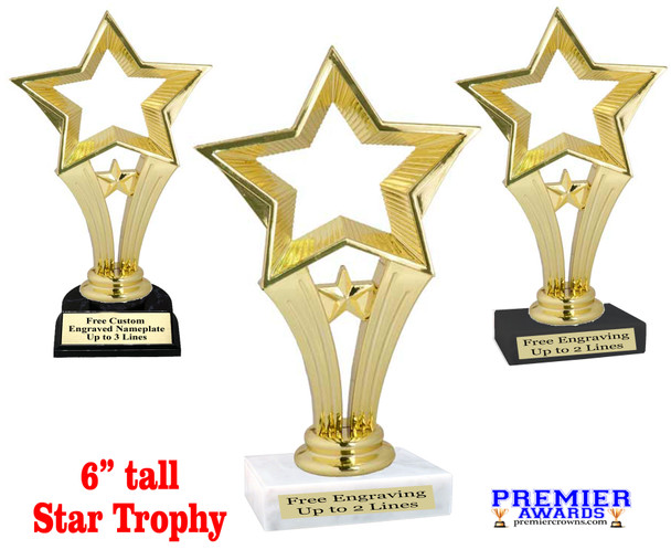  Open Star on choice of base.  6" tall.  Great for side awards, pageants, contests, competitions or just for the star in your life.  90506