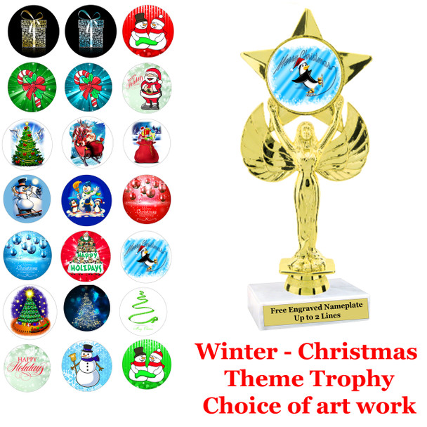 7 5/8"   Victory with star trophy with choice of Christmas - Winter themed insert.    Numerous designs available.