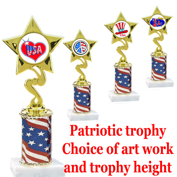 Patriotic trophy.  Flag column with choice of art work.  Select base, trophy height and art work.  Trophy height starts at 10".  (80106)