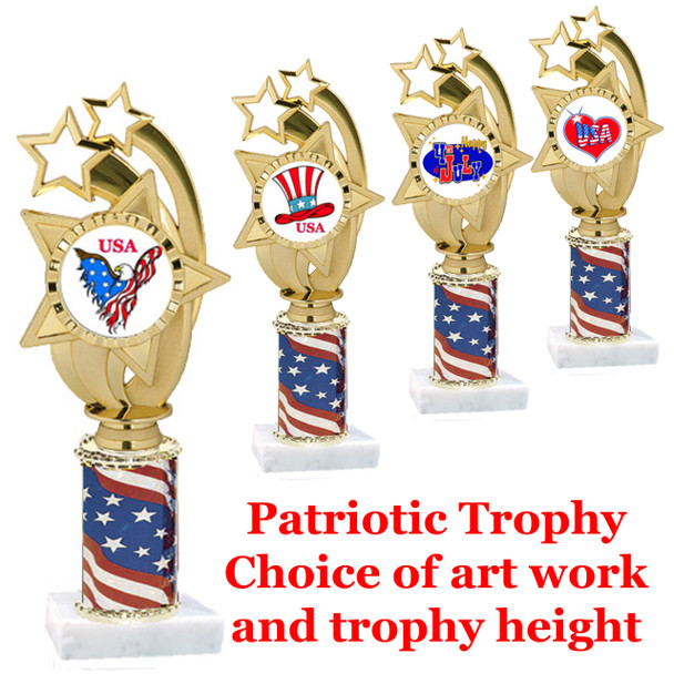 Patriotic trophy.  Flag column with choice of art work.  Select base, trophy height and art work.  Trophy height starts at 10".  (ph55)