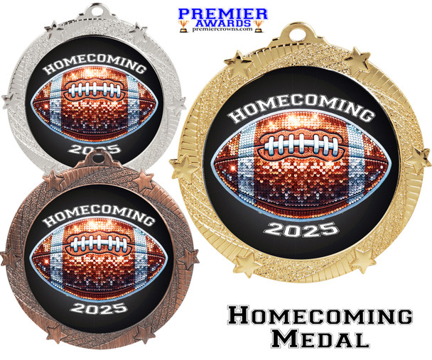 Homecoming Theme Medal.  Great for your escorts, participants, court and queen. Includes free back of medal engraving and neck ribbon Homecoming Theme Medal.  Great for your escorts, participants, court and queen. Includes free back of medal engraving and neck ribbon
