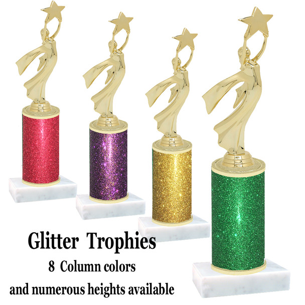 Glitter Column trophy with choice of glitter color, trophy height and base.  Modern Victory with Star