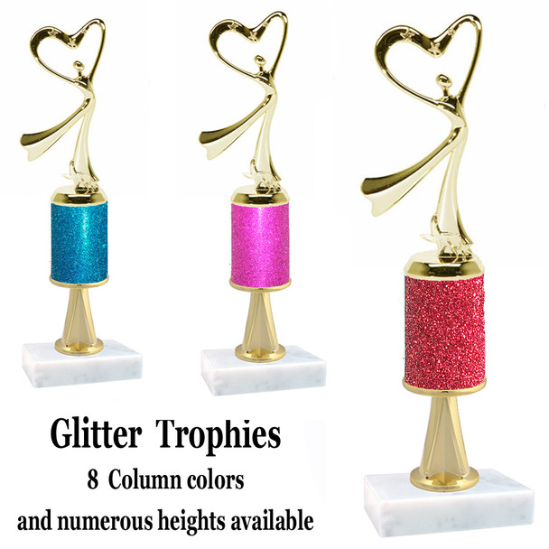 Glitter Column trophy  with pedestal.  Choice of glitter color,  trophy height and base.  Modern Gold Victory with Star