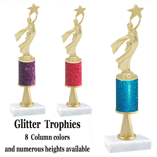 Glitter Column trophy  with pedestal.  Choice of glitter color,  trophy height and base.  Modern Victory