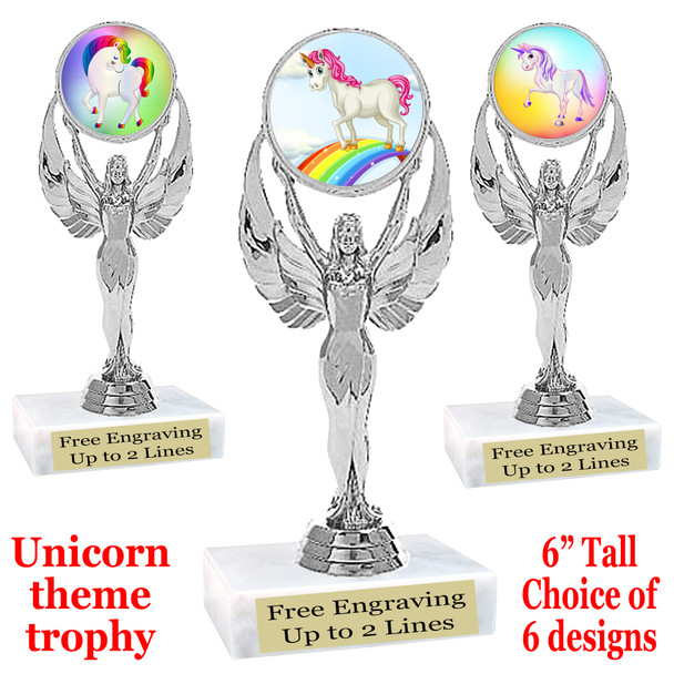 UNICORN TROPHY WITH 6 DESIGNS AVAILABLE AND CHOICE OF BASE. 6" TALL.  6" tall  (6010