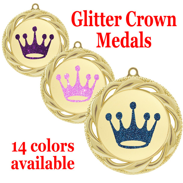 Glitter Crown Medal.  	2 3/4" diameter medal with choice of glitter color.  Includes free engraving and free neck ribbon   (9358g