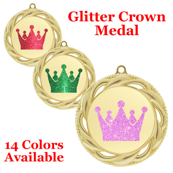 Glitter Crown Medal.  	2 3/4" diameter medal with choice of glitter color.  Includes free engraving and free neck ribbon.     2-938g