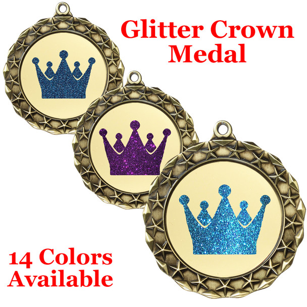 Glitter Crown Medal.  	2 3/4" diameter medal with choice of glitter color.  Includes free engraving and free neck ribbon.     2-md40g