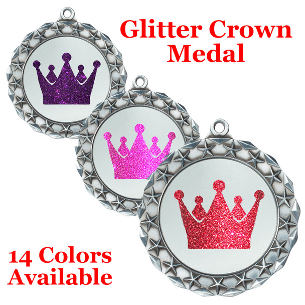 Glitter Crown Medal.  	2 3/4" diameter medal with choice of glitter color.  Includes free engraving and free neck ribbon.     2-md40silver