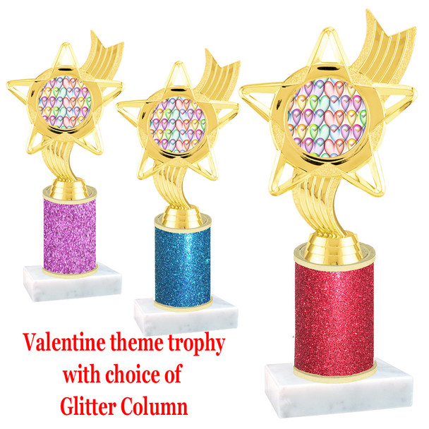 Valentine theme  Glitter Column trophy with choice of glitter color, trophy height and base.  Multi Hearts 004