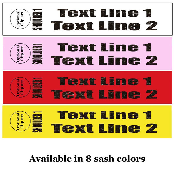 Glitter Flake Sash. FULL wrap around sash available in 4 sizes. Numerous  sash colors, glitter colors and choice of size . Two Lines Full-003