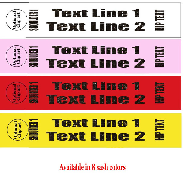 Glitter Flake Sash. FULL wrap around sash available in 4 sizes. Numerous  sash colors, glitter colors and choice of size . Two Lines Full-004