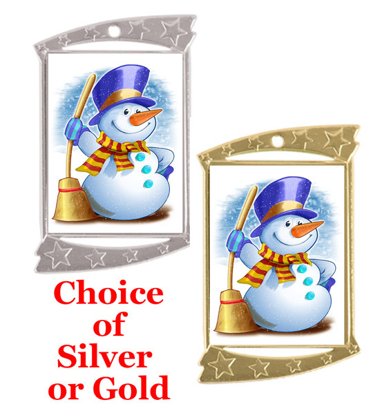 Rectangle Medal with Holiday - Winter theme art work.  Choice of gold or silver finish.  Includes free text on back  and neck ribbon.  (927 snowman
