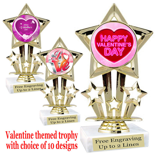 Valentine's theme trophy with choice of design.  Gold 6" trophy.  767