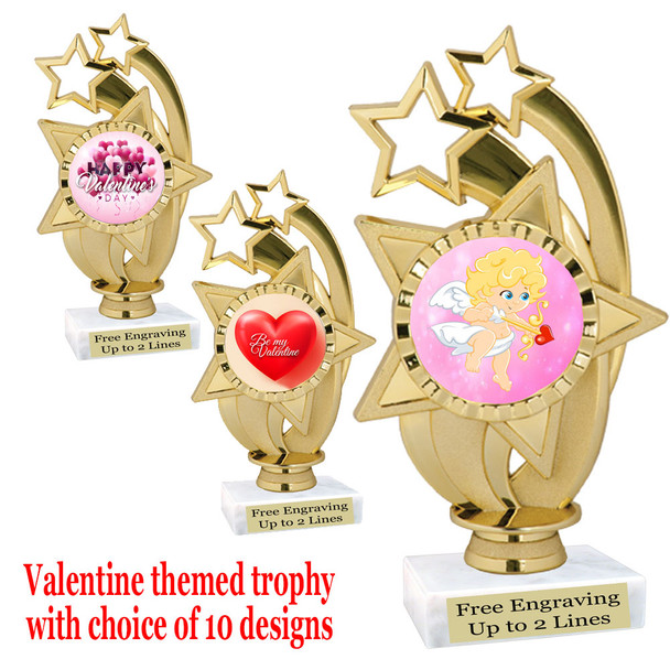 Valentine's theme trophy with choice of design.  Gold 6" trophy.  ph55