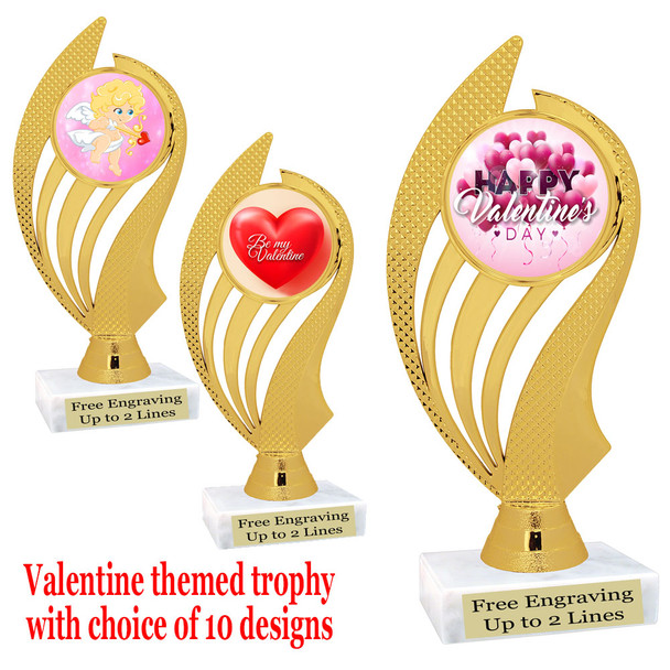 Valentine's theme trophy with choice of design.  Gold 6" trophy.  ph102