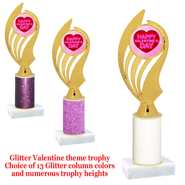  Valentine theme trophy with  glitter column.  Choice of column color and trophy height.  (ph102