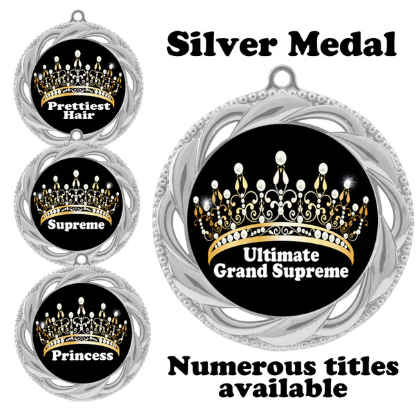 Silver Pageant Medal with Title Specific insert.  Numerous titles available.  (938s-crown 1)