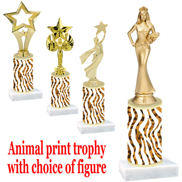 Go "wild" with your awards!  Animal Print Trophy with choice of figure and trophy height.  Trophy heights starts at 10" tall  (005