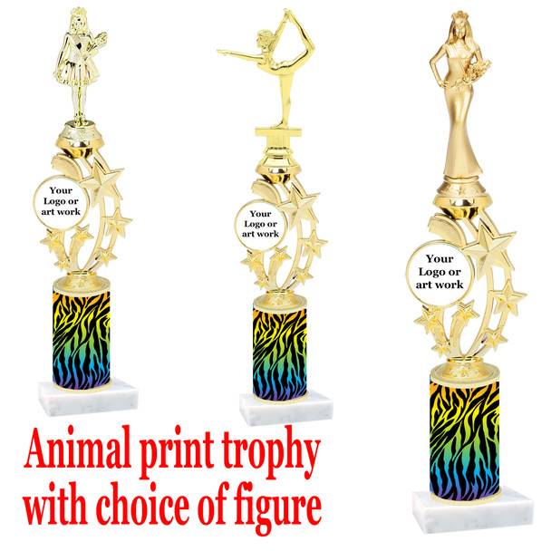 Custom Trophy.  Animal Print column with choice of figure and trophy height.  Height starts at 14".  Upload your logo or custom art work.  (mr200-008