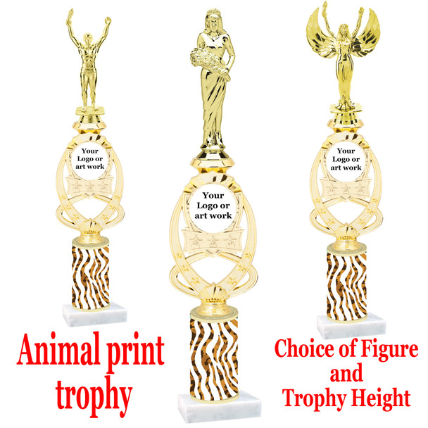 Custom Trophy.  Animal Print column with choice of figure and trophy height.  Height starts at 14".  Upload your logo or custom art work.  (mr700-012