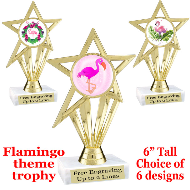 Flamingo theme trophy with choice of art work.  6" tall with free engraved plate  (ph30