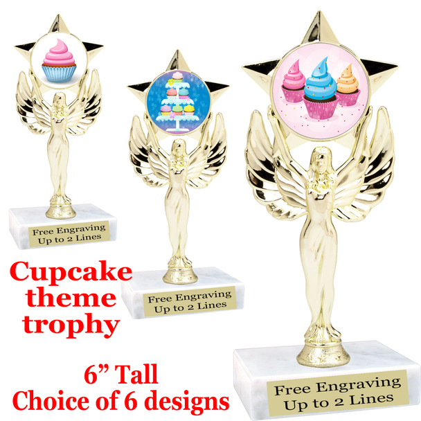 Cupcake themed trophy.  6" tall with choice of cupcake artwork.  Includes free engraved trophy plate   (7517