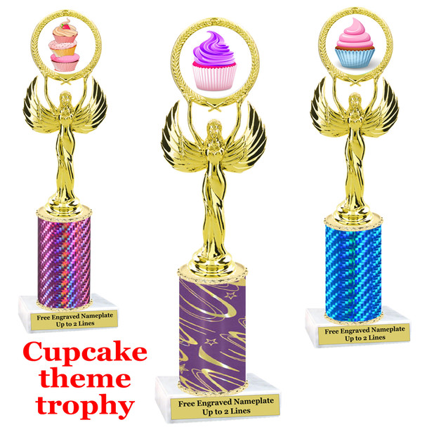 Cupcake Theme Trophy.  Choice of column color, trophy height, cupcake artwork and base!  80087