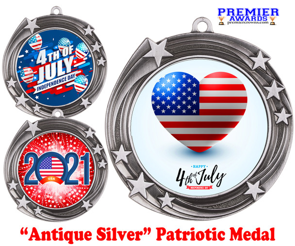 Patriotic Medal with choice of artwork. Antique Silver  2 3/4" medal includes free neck ribbon