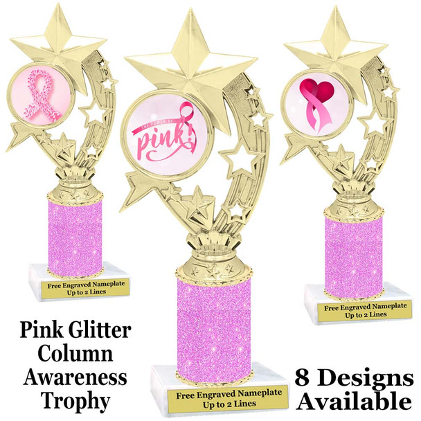 Awareness theme trophy.  Pink Glitter column with choice of art work.  Numerous heights available.  H208