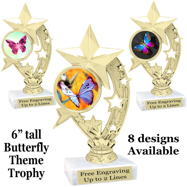 Butterfly theme trophy with choice of 8 artwork designs.  6" tall.   (h208