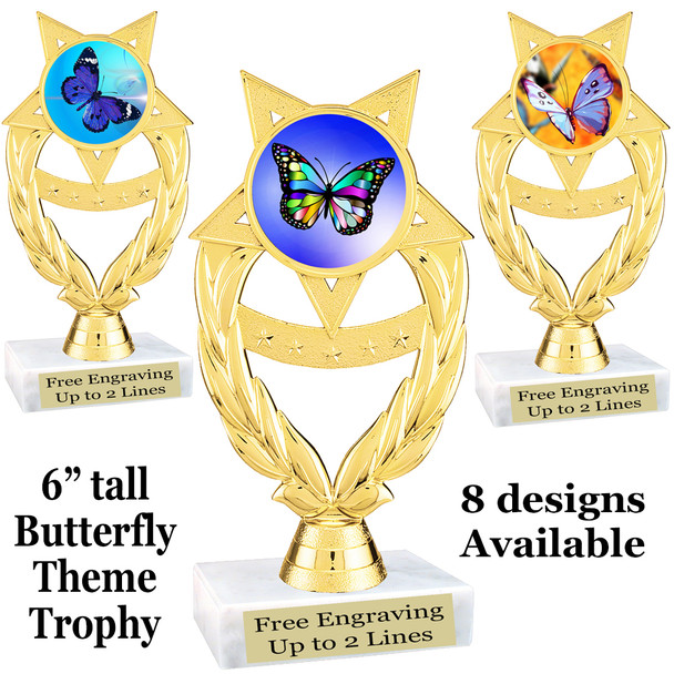 Butterfly theme trophy with choice of 8 artwork designs.  6" tall.   (ph97
