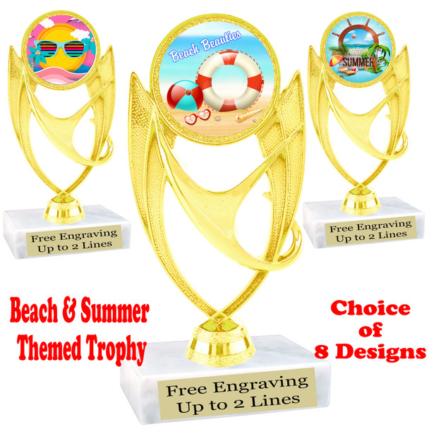 Summer - Beach theme trophy.    6" tall. Choice of art work and base.  Includes free engraving  (ph28