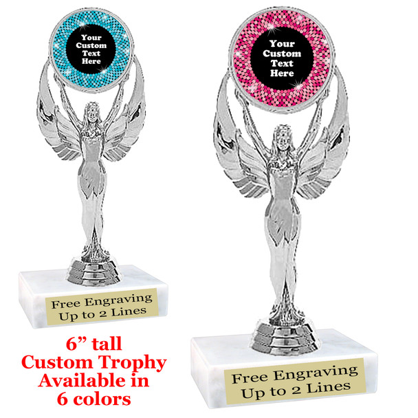 Custom trophy with sequin design artwork.  Choice of 6 colors.  6" tall.  (6010