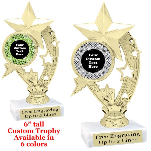 Custom trophy with sequin design artwork.  Choice of 6 colors.  6" tall.  (H208