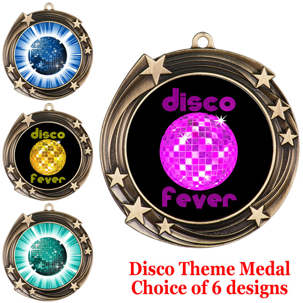 Disco theme medal.  Choice of 6 designs.  Includes free engraving and neck ribbon.  (disco - 930G