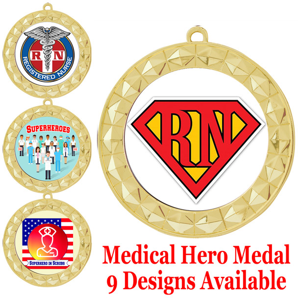 Medical hero theme medal.  Choice of 9 designs.  Includes free engraving and neck ribbon.  (hero - 935g
