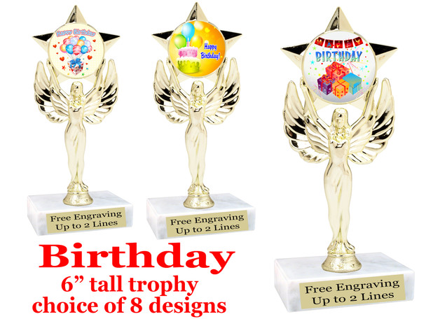 Birthday theme trophy with choice of art work. Great party favor!  6" tall  (7517