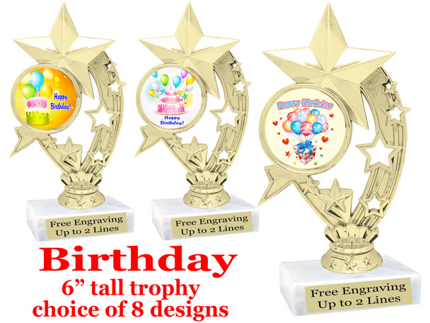 Birthday theme trophy with choice of art work. Great party favor!  6" tall  (h208