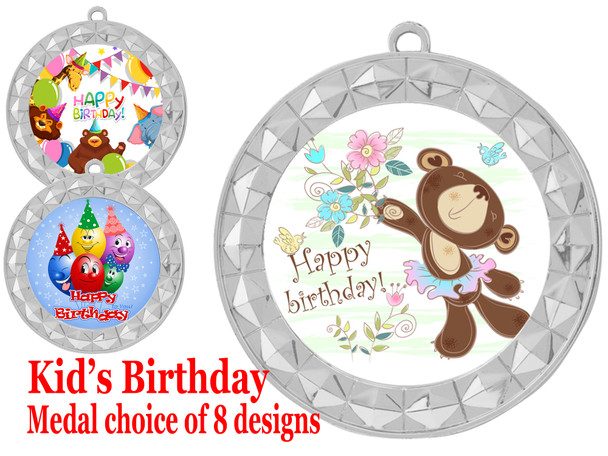 Kids Birthday  theme medal.  Choice of 8 designs.  Includes free engraving and neck ribbon.  (bday - 935s