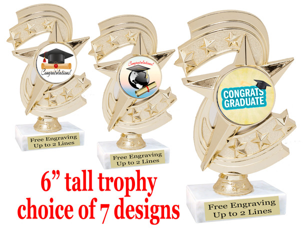 Graduation theme  trophy with choice of art work.   6" tall  H300